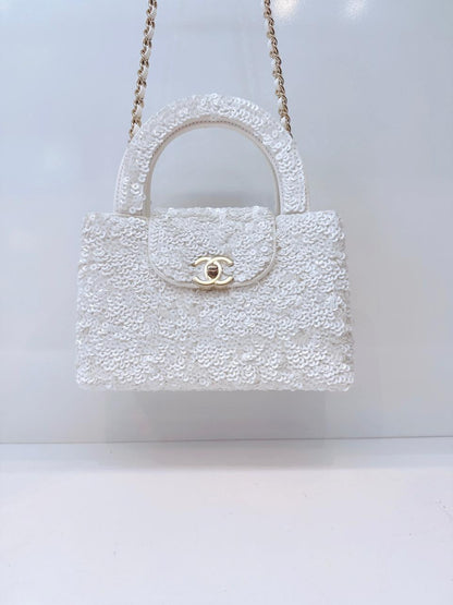 WHITE SEQUINS MINI KELLY SHOPPING BAG