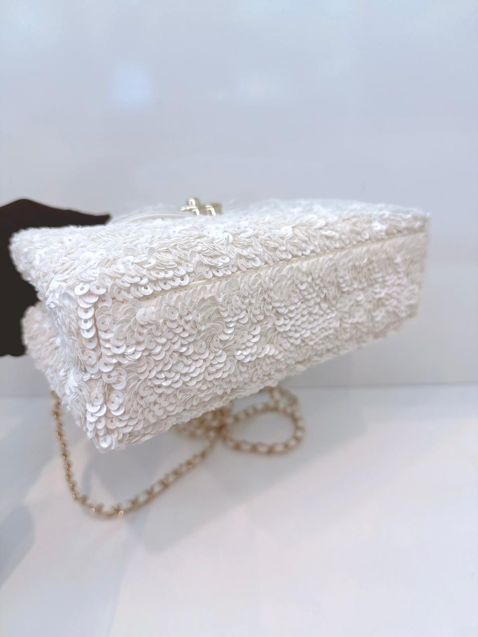 WHITE SEQUINS MINI KELLY SHOPPING BAG