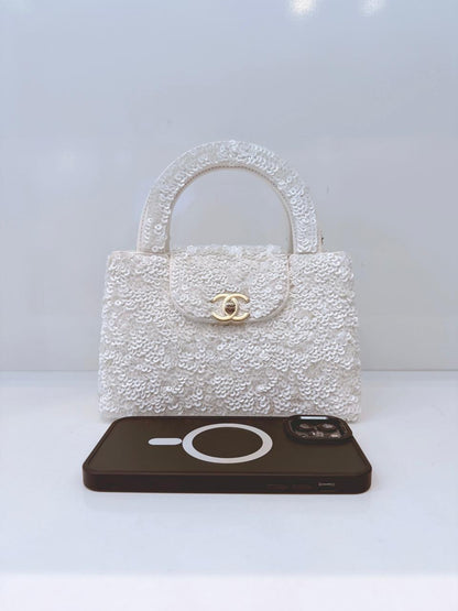 WHITE SEQUINS MINI KELLY SHOPPING BAG