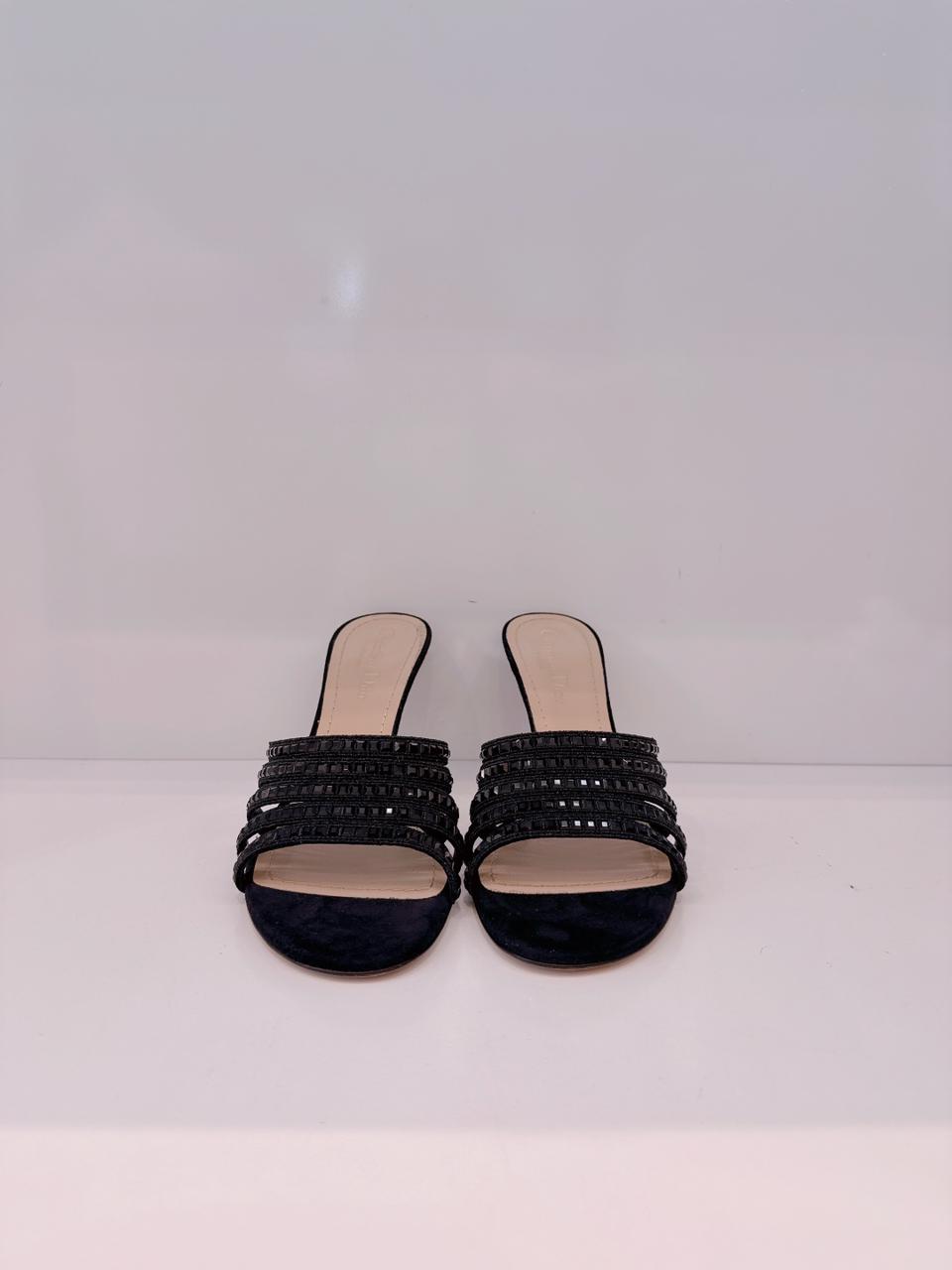 BLACK SUEDE CRYSTAL EMBELLISHED SLIDE SANDALS 38.5