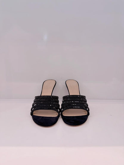 BLACK SUEDE CRYSTAL EMBELLISHED SLIDE SANDALS 38.5