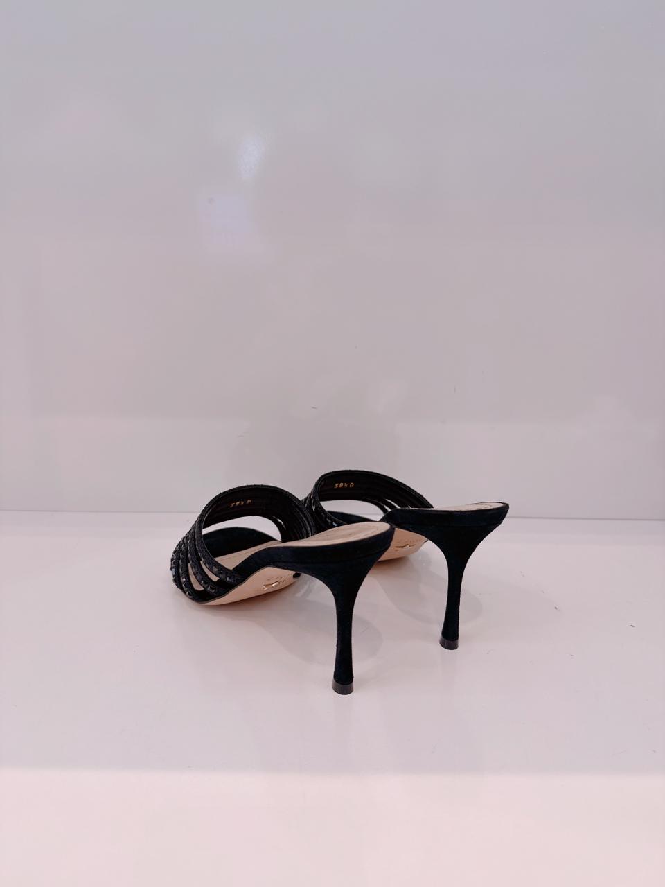 BLACK SUEDE CRYSTAL EMBELLISHED SLIDE SANDALS 38.5