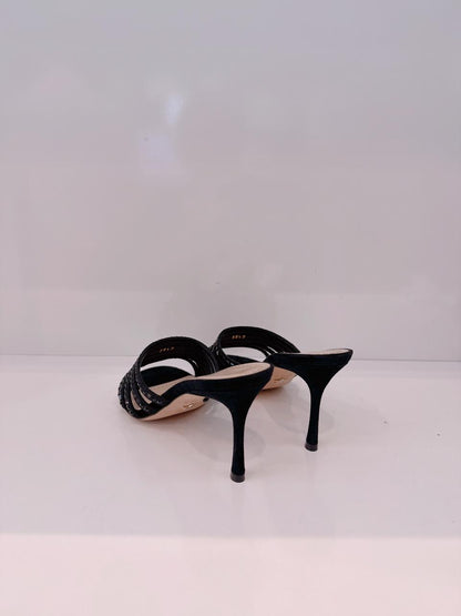 BLACK SUEDE CRYSTAL EMBELLISHED SLIDE SANDALS 38.5