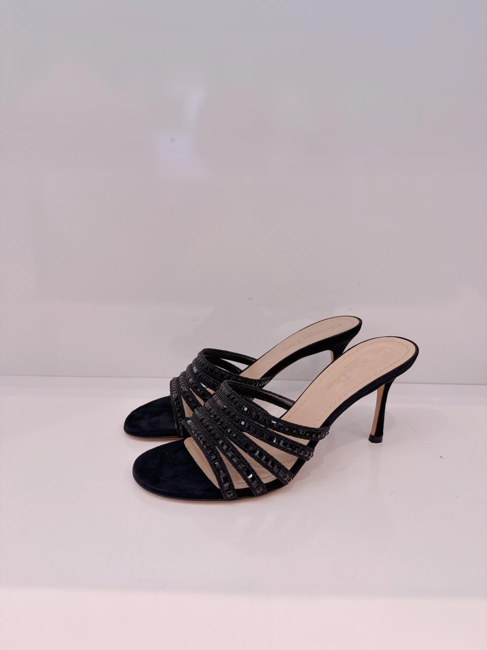 BLACK SUEDE CRYSTAL EMBELLISHED SLIDE SANDALS 38.5
