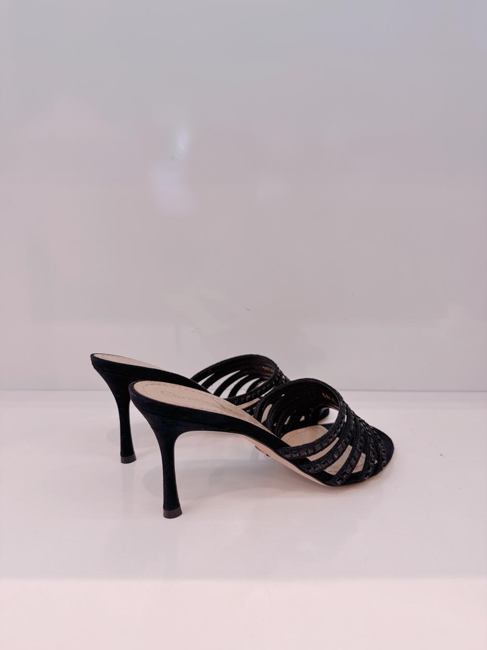 BLACK SUEDE CRYSTAL EMBELLISHED SLIDE SANDALS 38.5