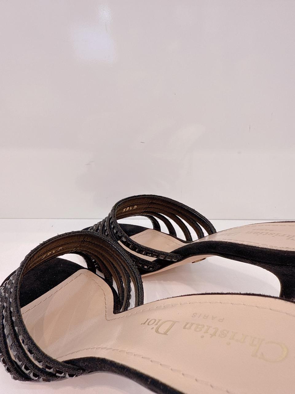 BLACK SUEDE CRYSTAL EMBELLISHED SLIDE SANDALS 38.5