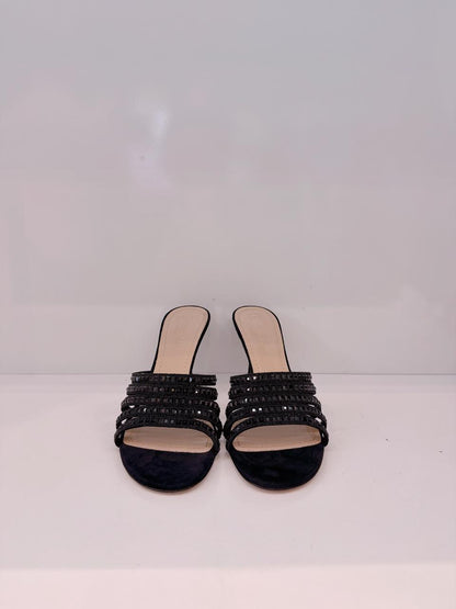 BLACK SUEDE CRYSTAL EMBELLISHED SLIDE SANDALS 38.5