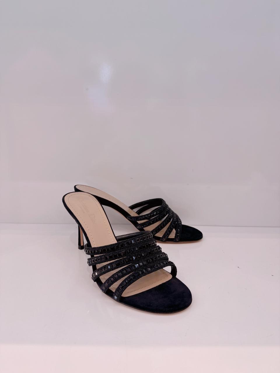 BLACK SUEDE CRYSTAL EMBELLISHED SLIDE SANDALS 38.5