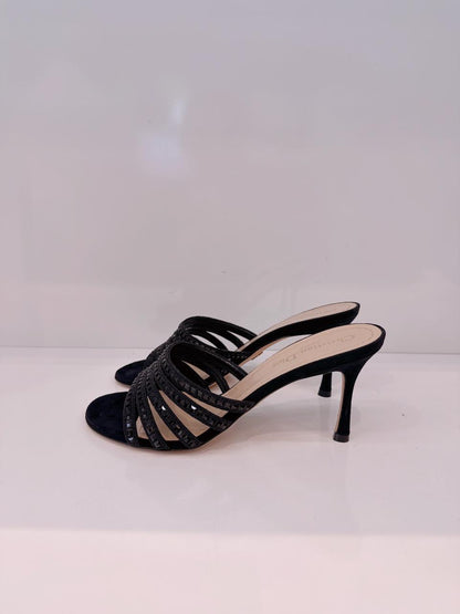 BLACK SUEDE CRYSTAL EMBELLISHED SLIDE SANDALS 38.5