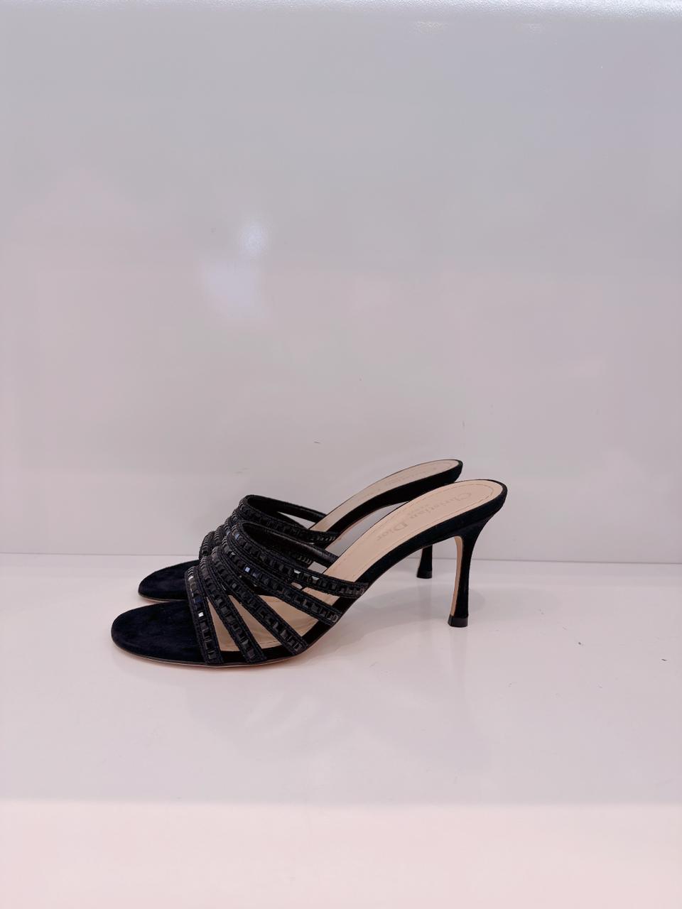 BLACK SUEDE CRYSTAL EMBELLISHED SLIDE SANDALS 38.5