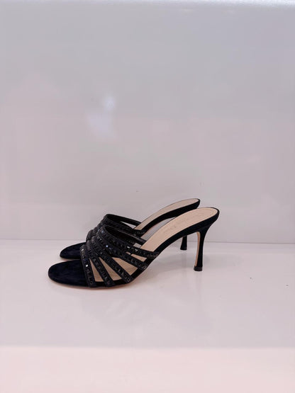 BLACK SUEDE CRYSTAL EMBELLISHED SLIDE SANDALS 38.5
