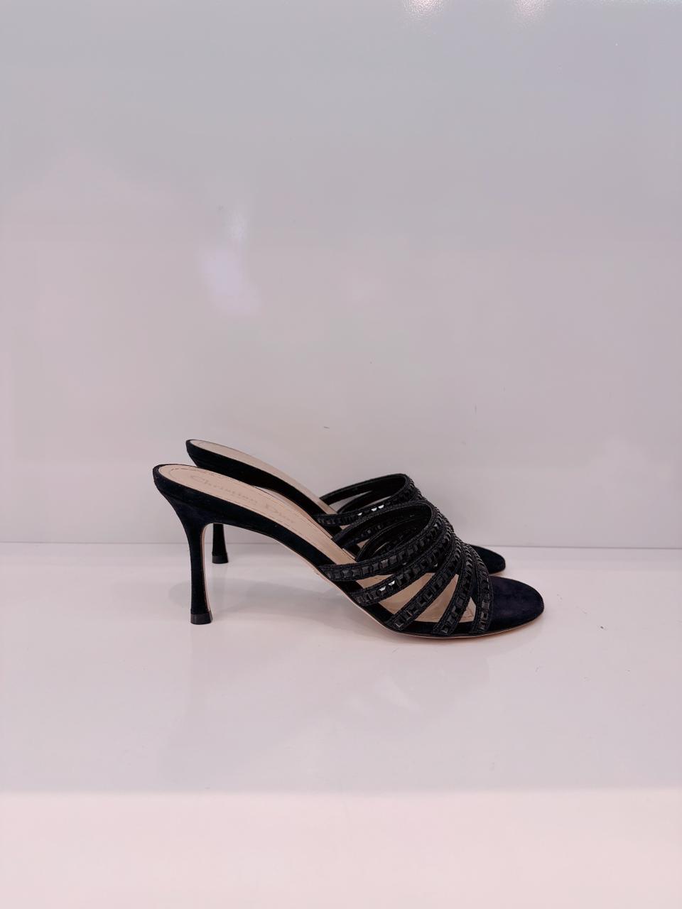 BLACK SUEDE CRYSTAL EMBELLISHED SLIDE SANDALS 38.5