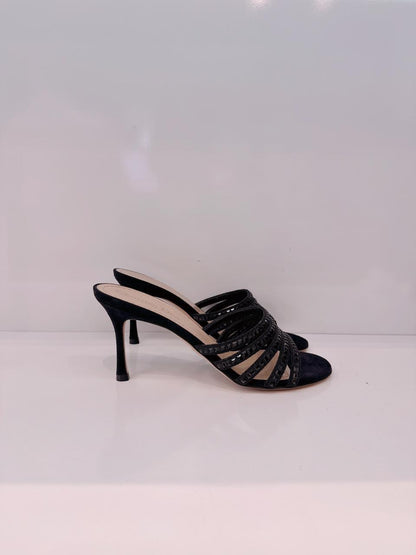 BLACK SUEDE CRYSTAL EMBELLISHED SLIDE SANDALS 38.5