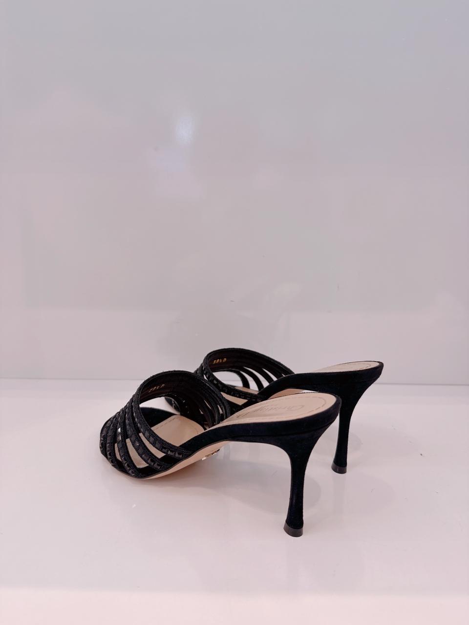 BLACK SUEDE CRYSTAL EMBELLISHED SLIDE SANDALS 38.5