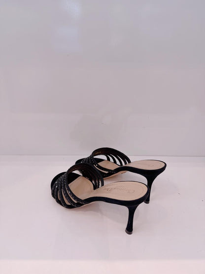 BLACK SUEDE CRYSTAL EMBELLISHED SLIDE SANDALS 38.5