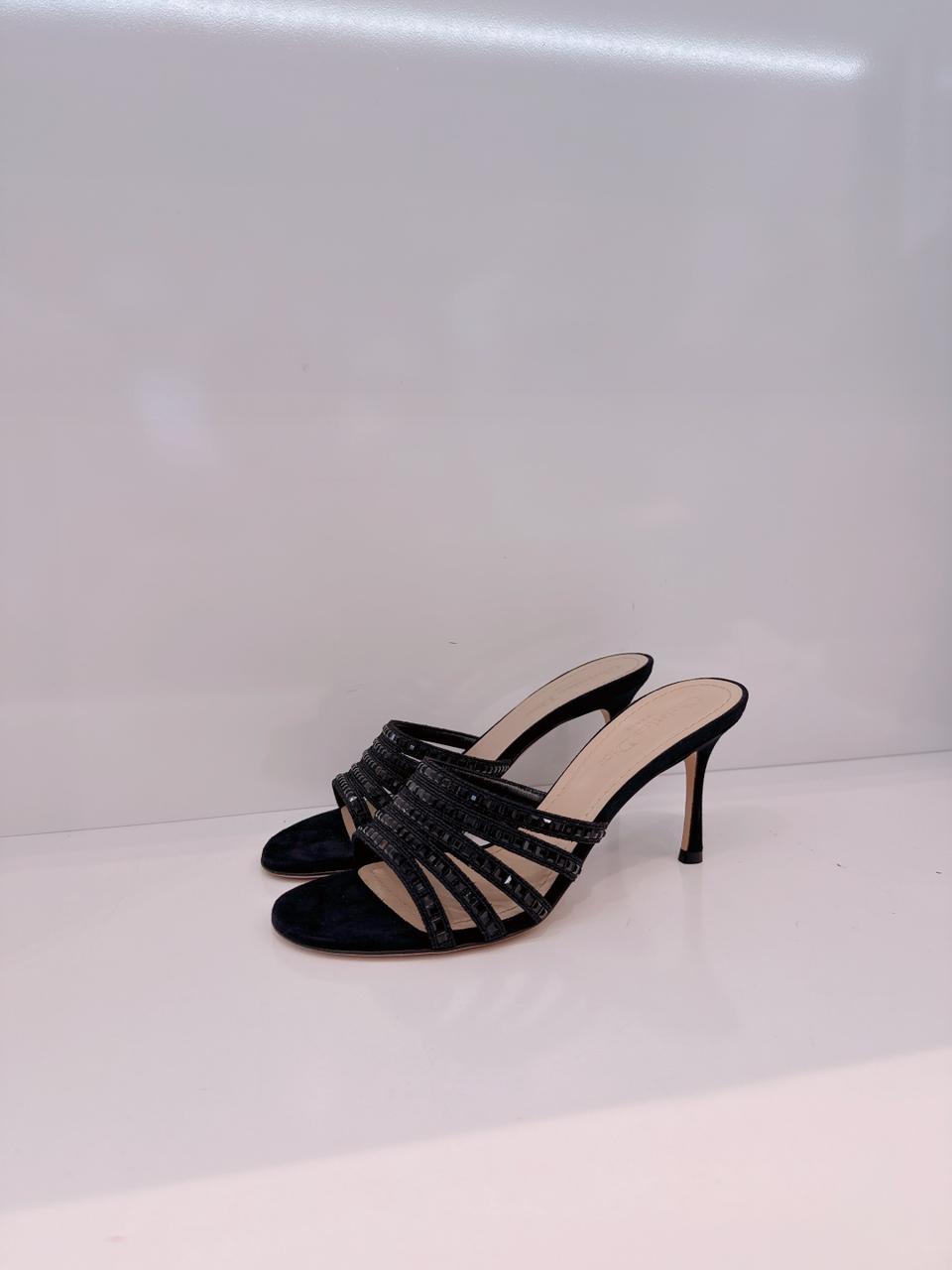 BLACK SUEDE CRYSTAL EMBELLISHED SLIDE SANDALS 38.5