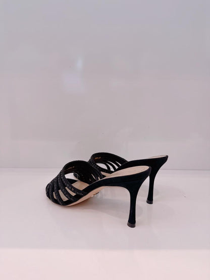 BLACK SUEDE CRYSTAL EMBELLISHED SLIDE SANDALS 38.5