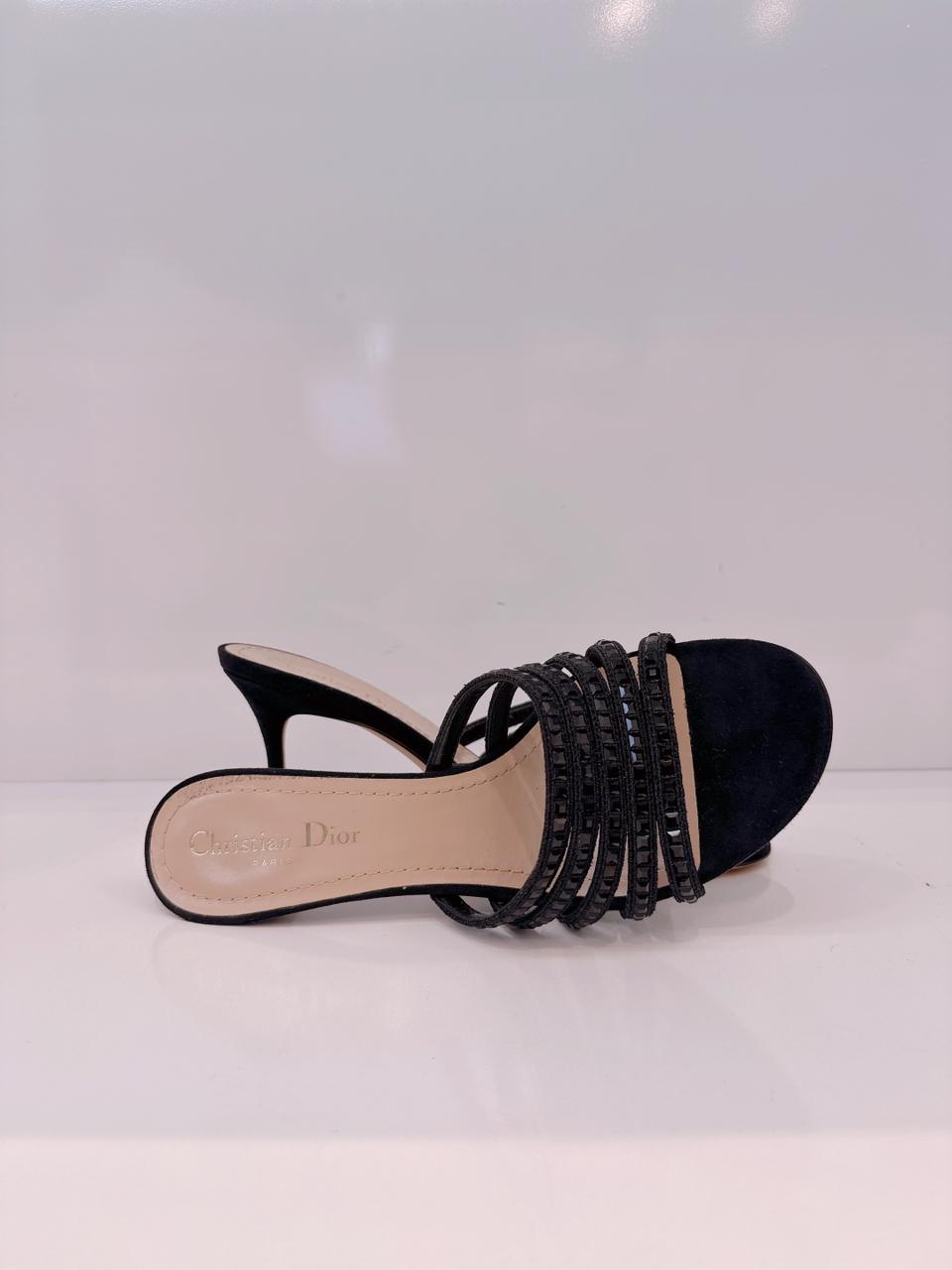 BLACK SUEDE CRYSTAL EMBELLISHED SLIDE SANDALS 38.5