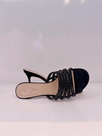 BLACK SUEDE CRYSTAL EMBELLISHED SLIDE SANDALS 38.5