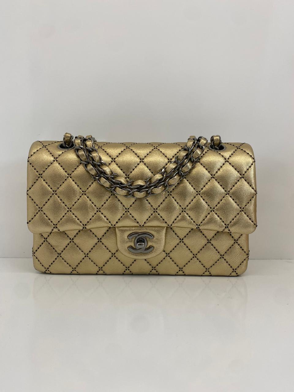 GOLD METALLIC CALFSKIN WILD STITCH SURPIQUE MEDIUM CLASSIC DOUBLE FLAP HANDBAG