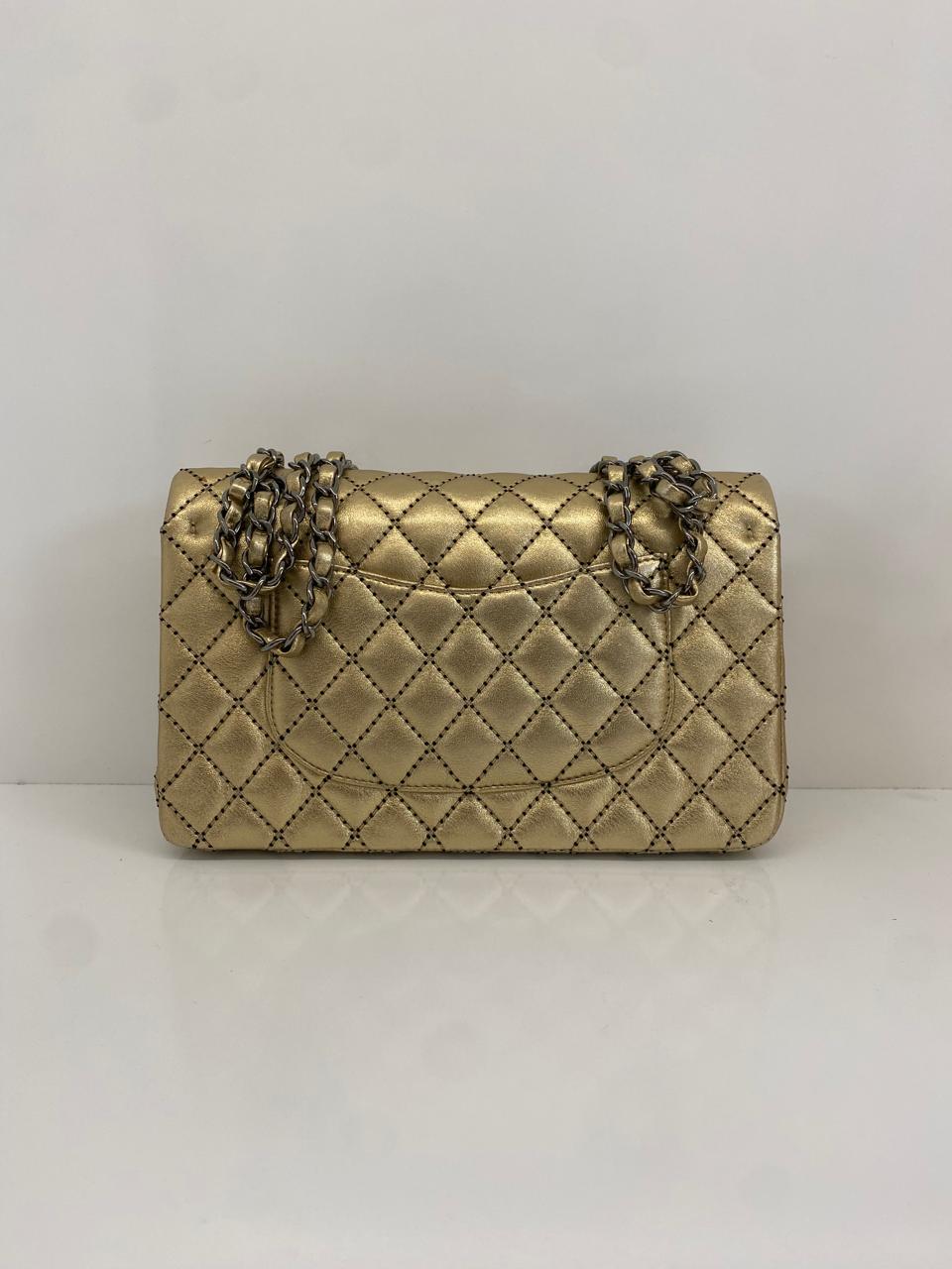GOLD METALLIC CALFSKIN WILD STITCH SURPIQUE MEDIUM CLASSIC DOUBLE FLAP HANDBAG