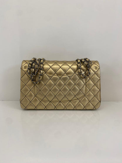GOLD METALLIC CALFSKIN WILD STITCH SURPIQUE MEDIUM CLASSIC DOUBLE FLAP HANDBAG