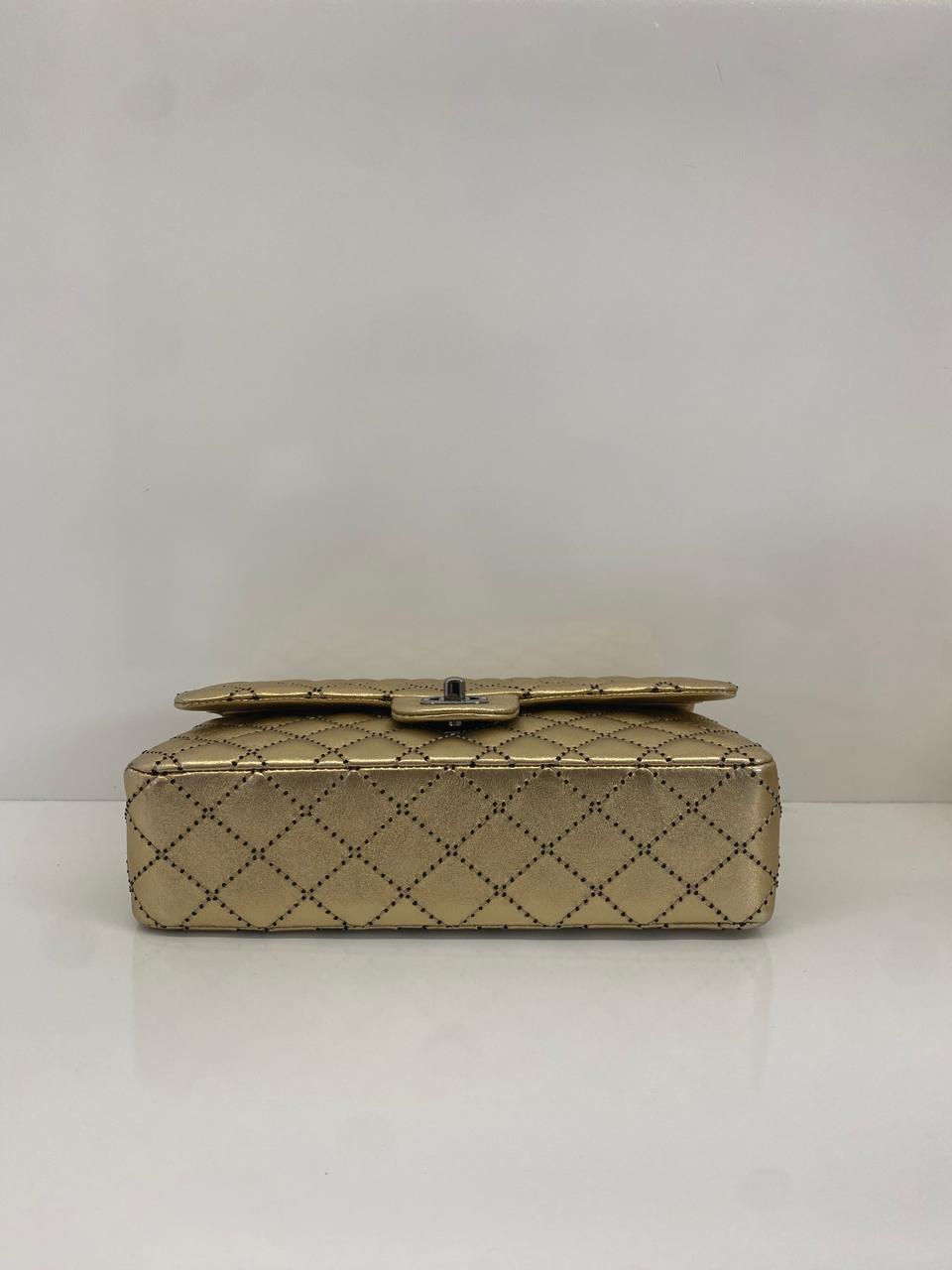 GOLD METALLIC CALFSKIN WILD STITCH SURPIQUE MEDIUM CLASSIC DOUBLE FLAP HANDBAG