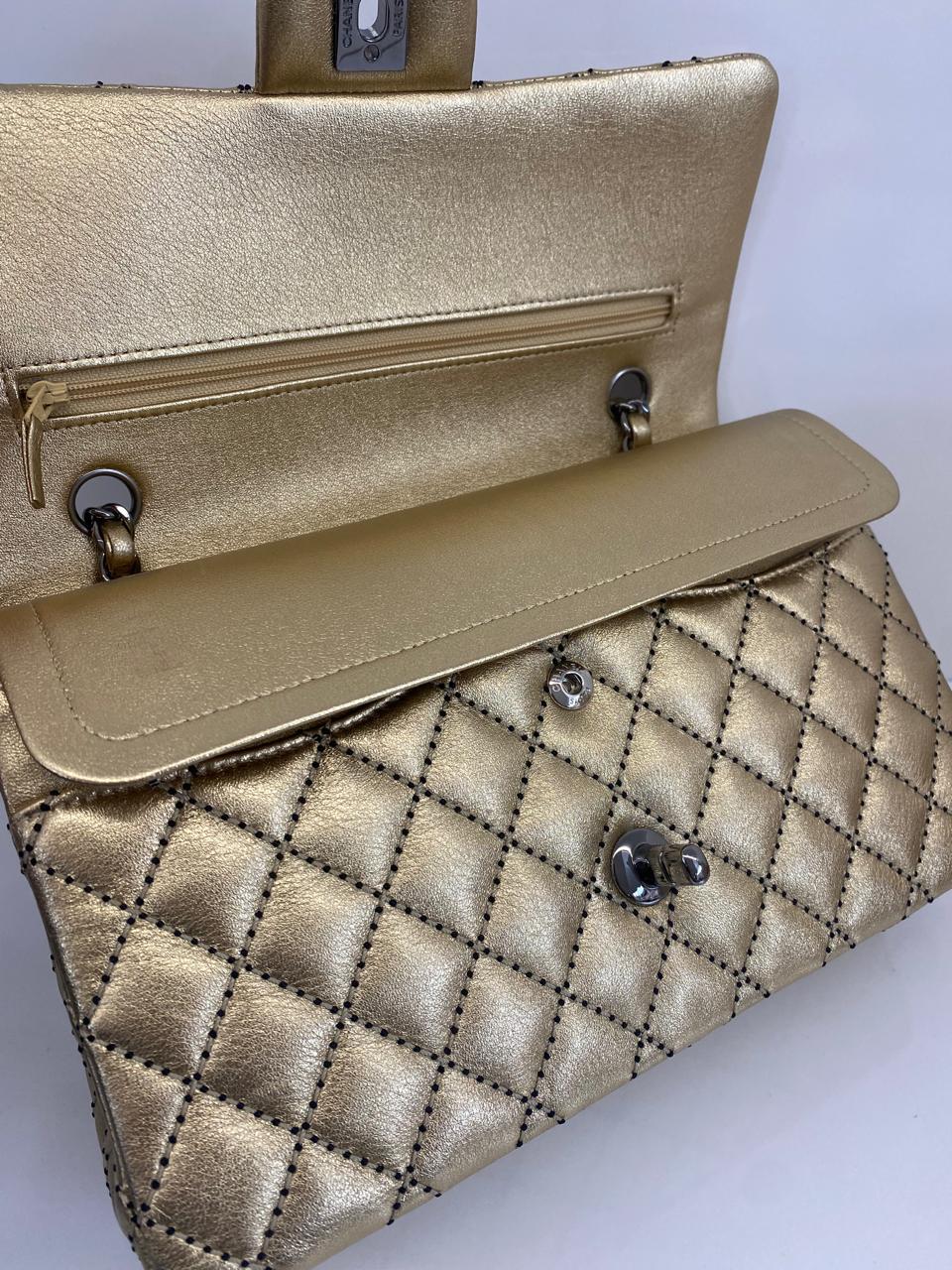 GOLD METALLIC CALFSKIN WILD STITCH SURPIQUE MEDIUM CLASSIC DOUBLE FLAP HANDBAG