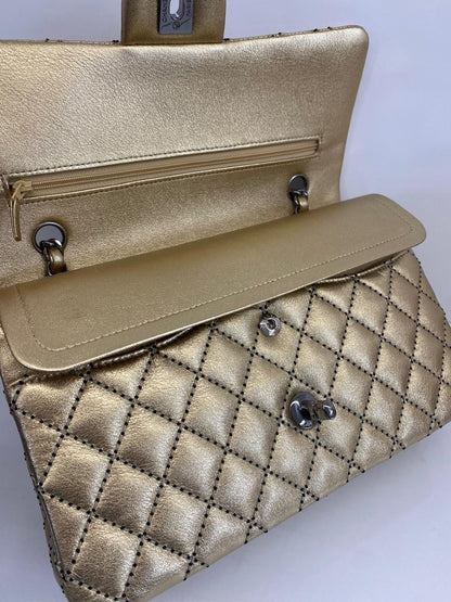 GOLD METALLIC CALFSKIN WILD STITCH SURPIQUE MEDIUM CLASSIC DOUBLE FLAP HANDBAG