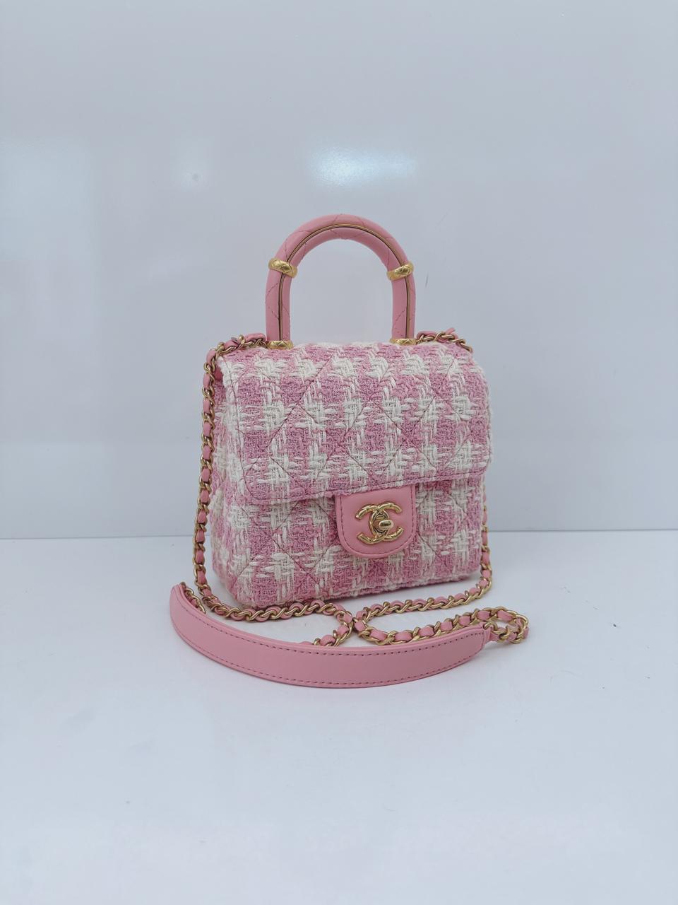 PINK ECRU TWEED HANDLE CRUSH FLAP BAG