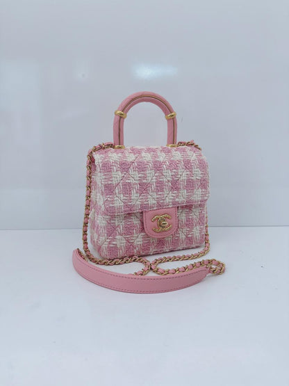 PINK ECRU TWEED HANDLE CRUSH FLAP BAG