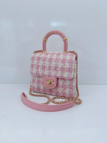 PINK ECRU TWEED HANDLE CRUSH FLAP BAG