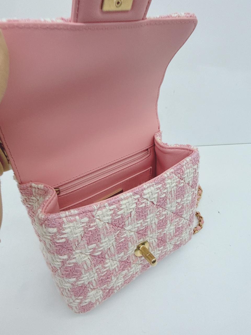 PINK ECRU TWEED HANDLE CRUSH FLAP BAG