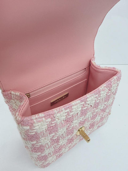 PINK ECRU TWEED HANDLE CRUSH FLAP BAG