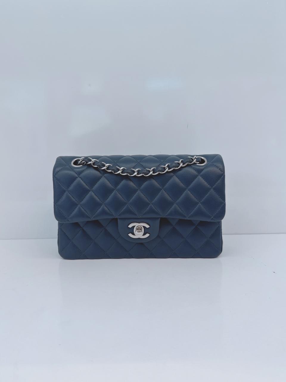 DARK BLUE QUILTED LAMBSKIN LEATHER SMALL CLASSIC DOUBLE FLAP BAG