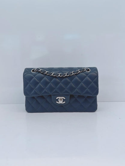DARK BLUE QUILTED LAMBSKIN LEATHER SMALL CLASSIC DOUBLE FLAP BAG