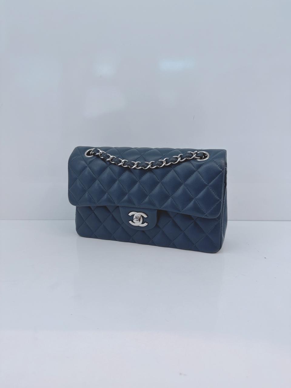 DARK BLUE QUILTED LAMBSKIN LEATHER SMALL CLASSIC DOUBLE FLAP BAG