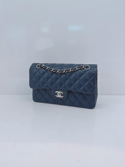 DARK BLUE QUILTED LAMBSKIN LEATHER SMALL CLASSIC DOUBLE FLAP BAG