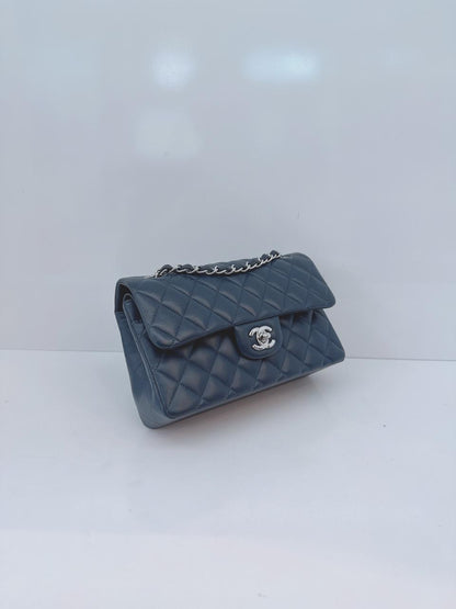 DARK BLUE QUILTED LAMBSKIN LEATHER SMALL CLASSIC DOUBLE FLAP BAG