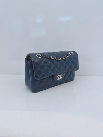 DARK BLUE QUILTED LAMBSKIN LEATHER SMALL CLASSIC DOUBLE FLAP BAG
