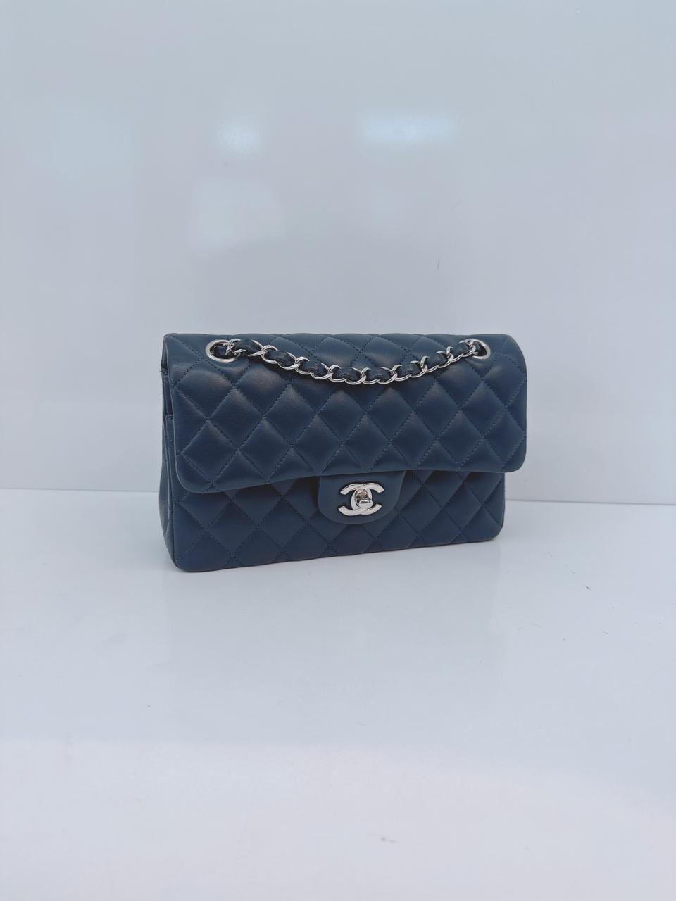 DARK BLUE QUILTED LAMBSKIN LEATHER SMALL CLASSIC DOUBLE FLAP BAG