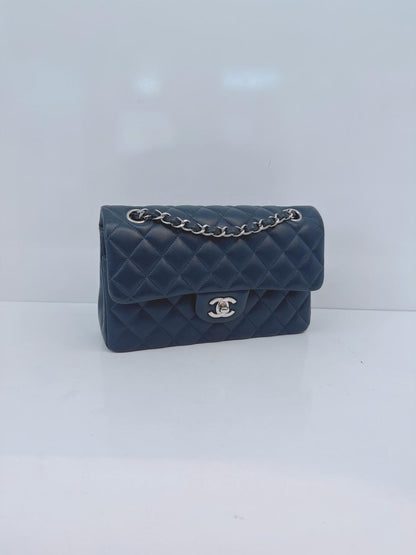 DARK BLUE QUILTED LAMBSKIN LEATHER SMALL CLASSIC DOUBLE FLAP BAG