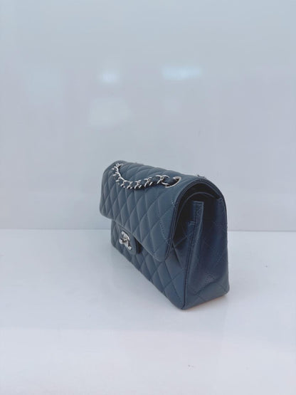 DARK BLUE QUILTED LAMBSKIN LEATHER SMALL CLASSIC DOUBLE FLAP BAG