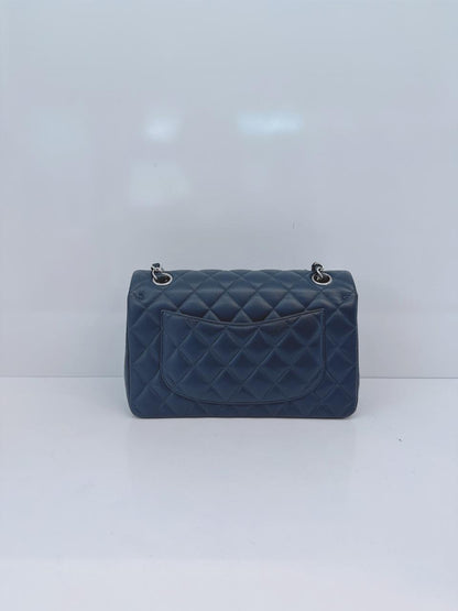 DARK BLUE QUILTED LAMBSKIN LEATHER SMALL CLASSIC DOUBLE FLAP BAG