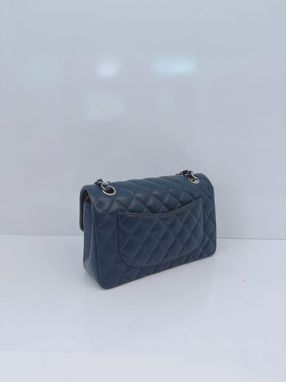 DARK BLUE QUILTED LAMBSKIN LEATHER SMALL CLASSIC DOUBLE FLAP BAG