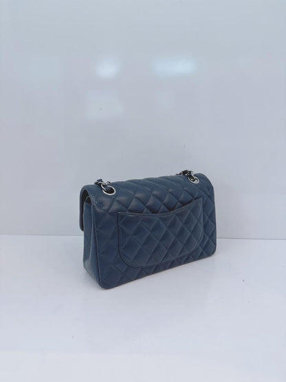 DARK BLUE QUILTED LAMBSKIN LEATHER SMALL CLASSIC DOUBLE FLAP BAG