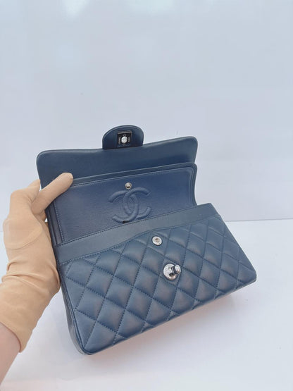 DARK BLUE QUILTED LAMBSKIN LEATHER SMALL CLASSIC DOUBLE FLAP BAG