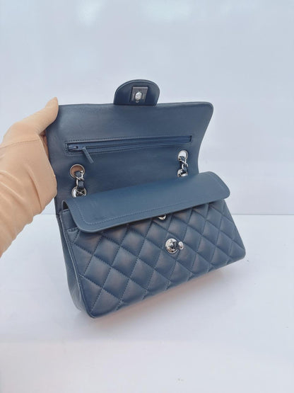 DARK BLUE QUILTED LAMBSKIN LEATHER SMALL CLASSIC DOUBLE FLAP BAG