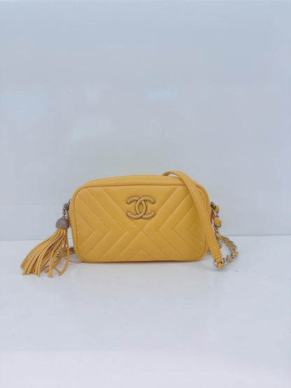YELLOW LAMBSKIN CHEVRON LEATHER CC TASSEL CAMERA BAG
