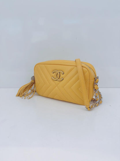 YELLOW LAMBSKIN CHEVRON LEATHER CC TASSEL CAMERA BAG